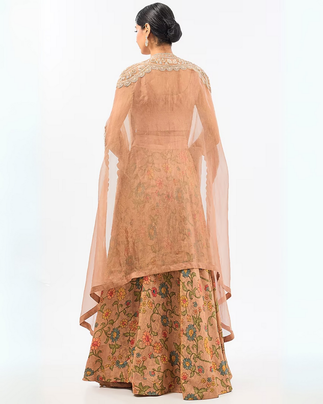 PEACH CHANDERI PRINTED SKIRT SET
