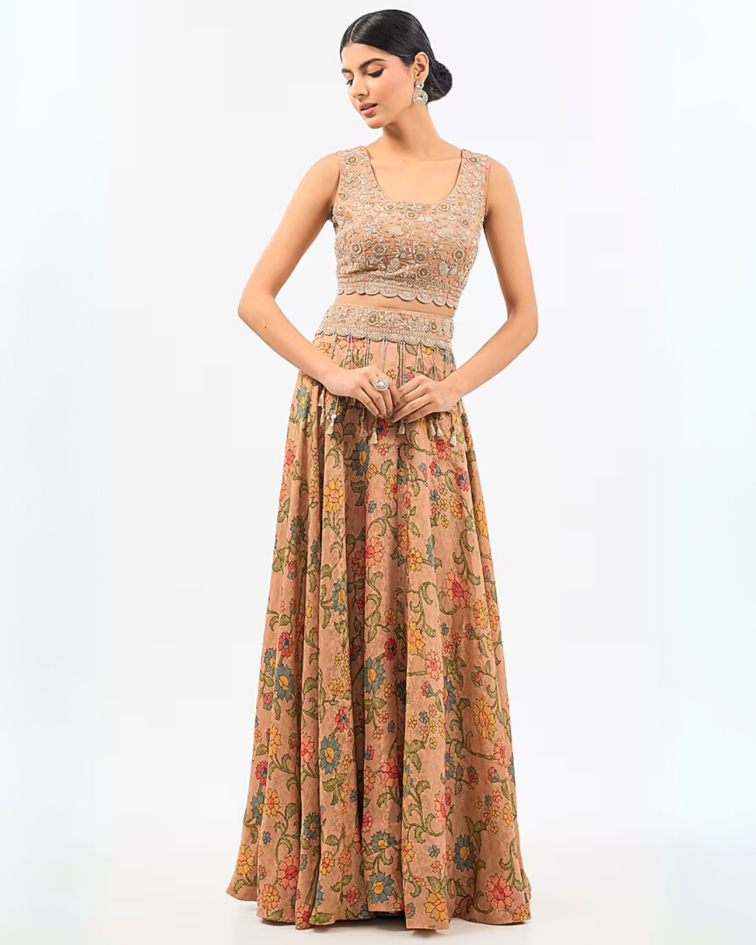 PEACH CHANDERI PRINTED SKIRT SET