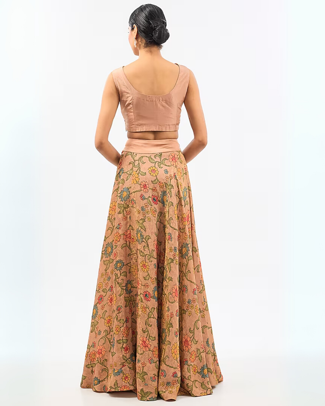 PEACH CHANDERI PRINTED SKIRT SET