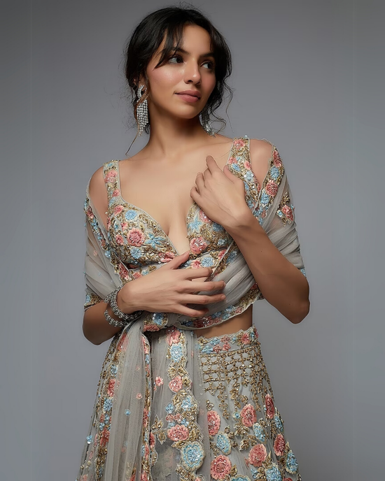 Pastel Blue Organza Embellished Lehenga Set