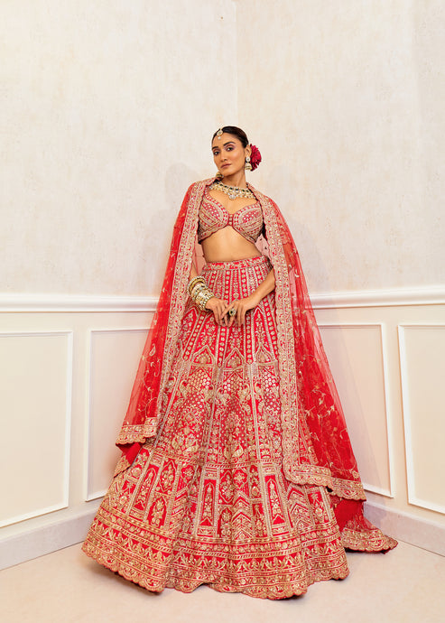 Sizzling Scarlet Raw Silk Zardosi Bridal Lehenga Set