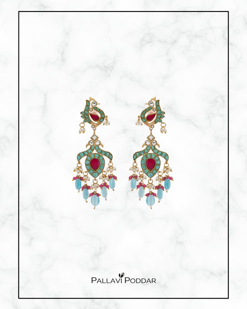 Peacock Grace Enamel Drop Earrings
