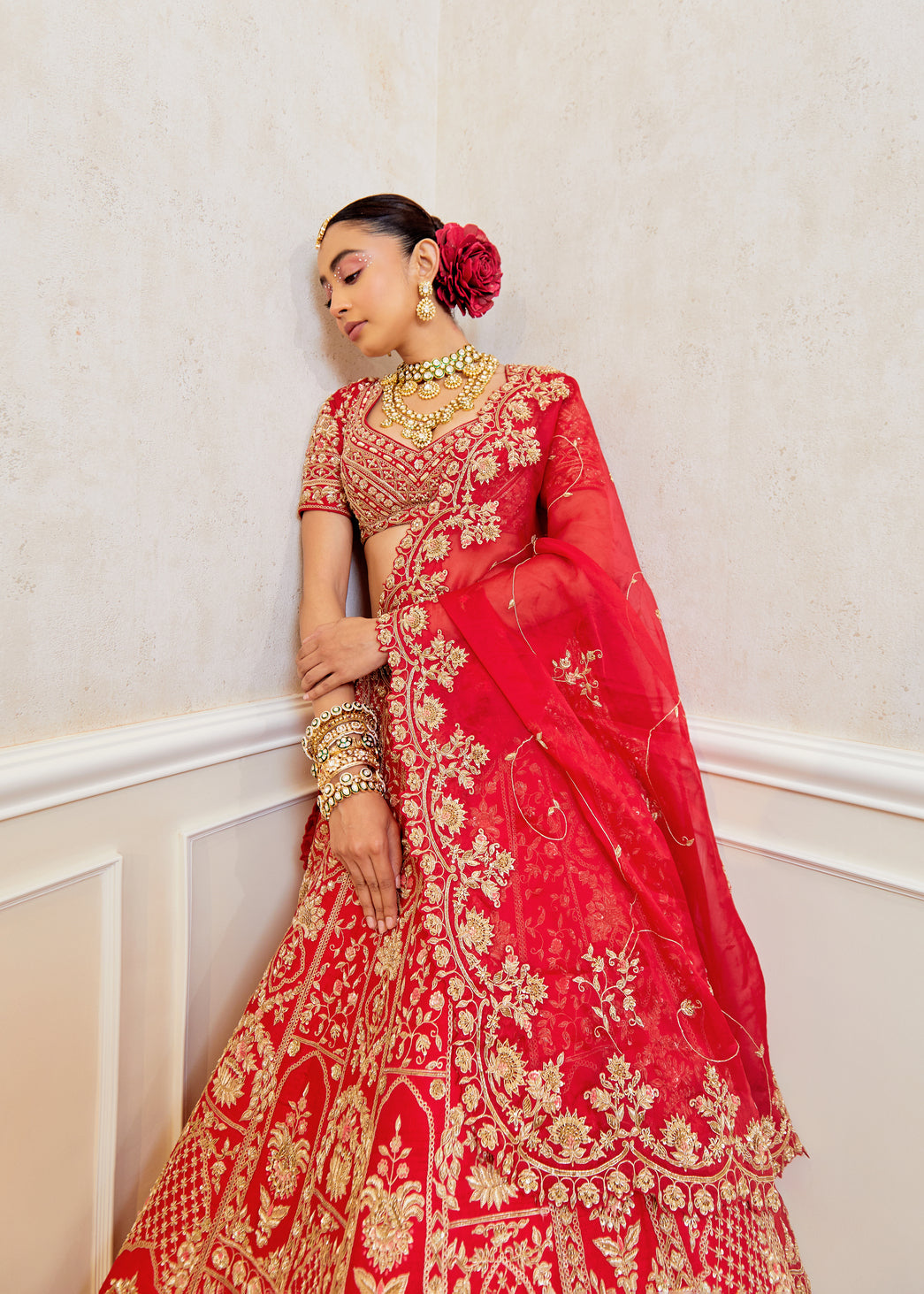 Radiant Ruby Raw Silk Zardosi Bridal Lehenga Set