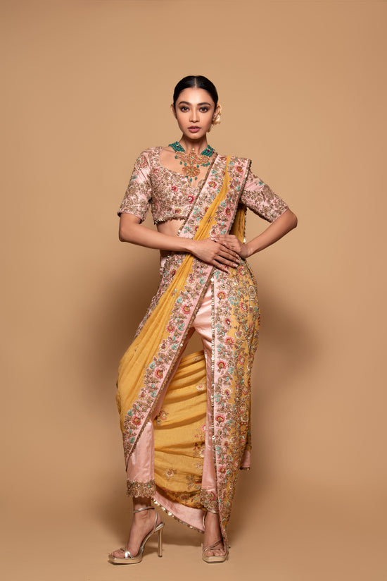 Mustard & Pink Tissue Embroidered Pre-Draped Pant Saree