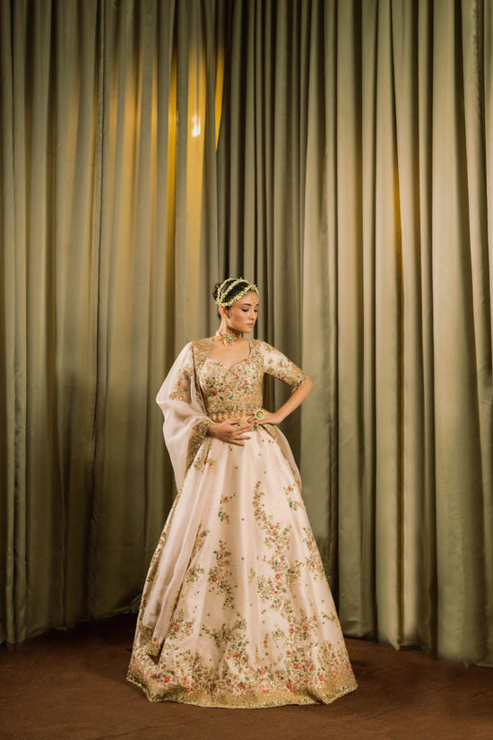 Ivory Raw Silk Resham Work Lehenga Set