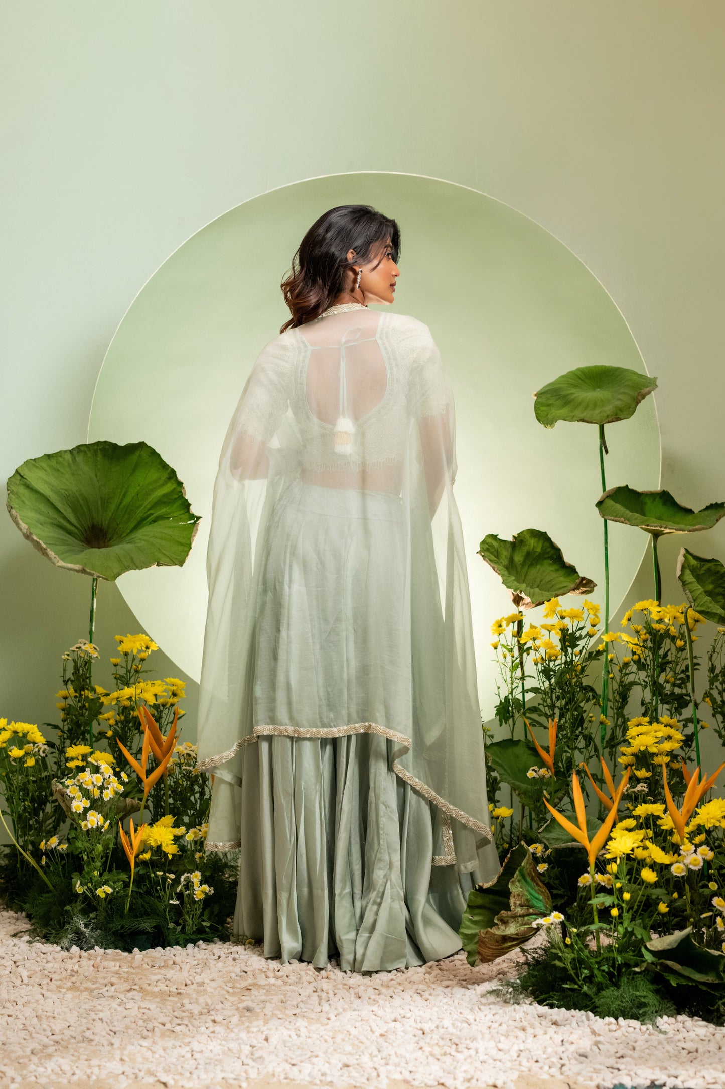 Green Embroidered Blouse & Satin Skirt Set with Cape Dupatta