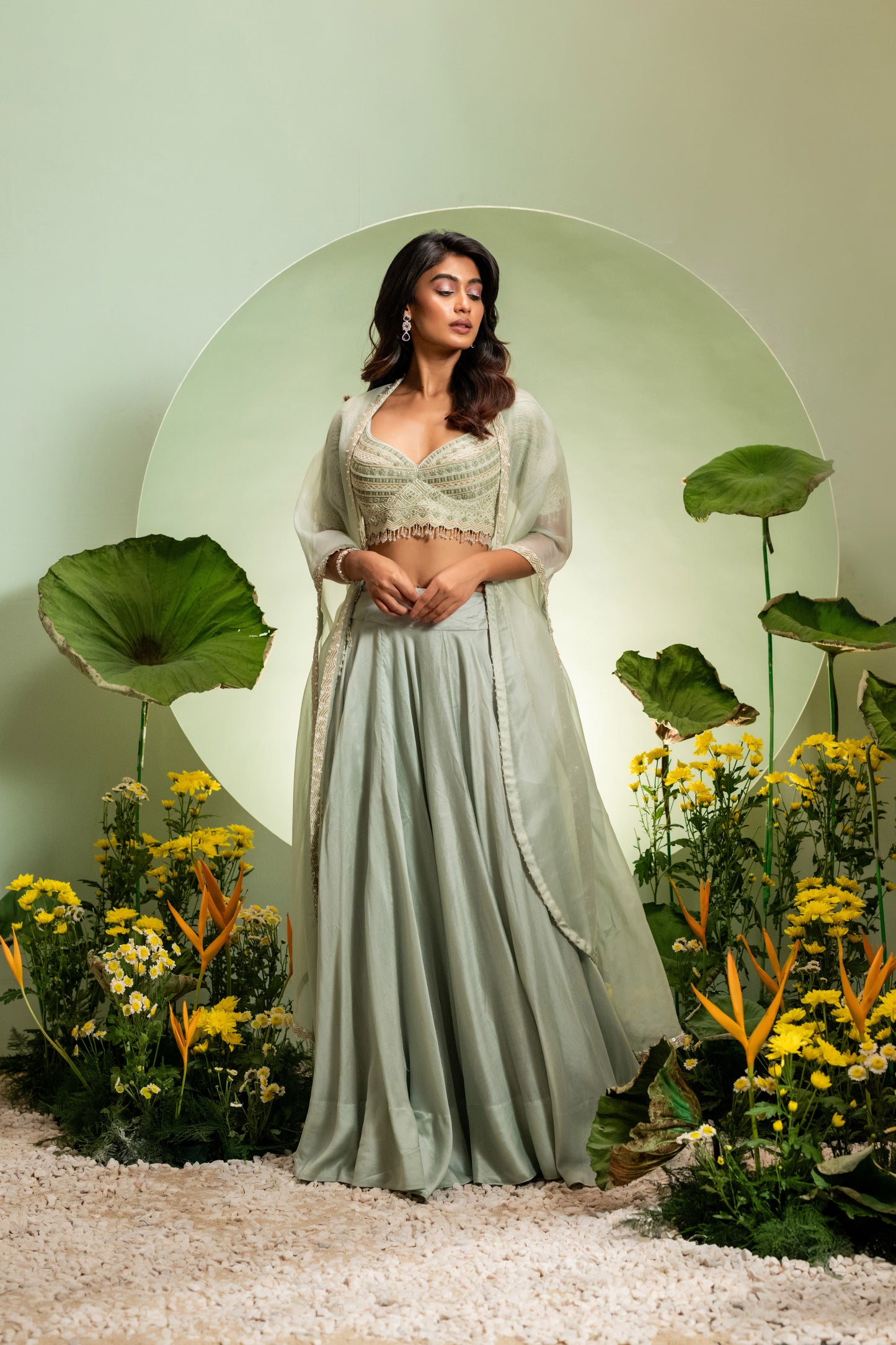 Green Embroidered Blouse & Satin Skirt Set with Cape Dupatta