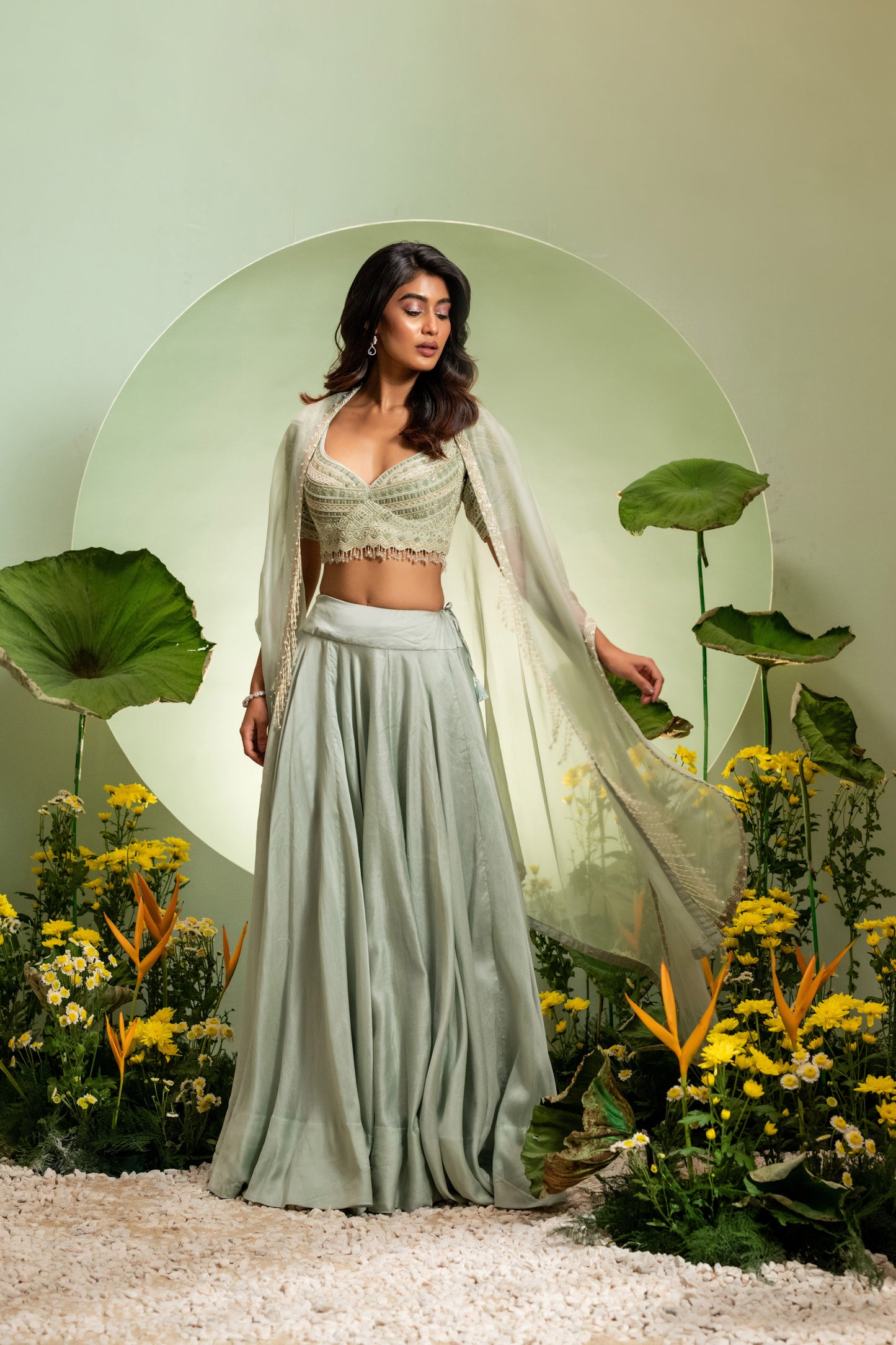Green Embroidered Blouse & Satin Skirt Set with Cape Dupatta