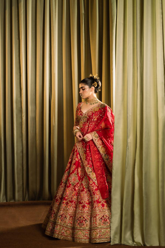 Red Raw Silk Dabka Work Lehenga Set