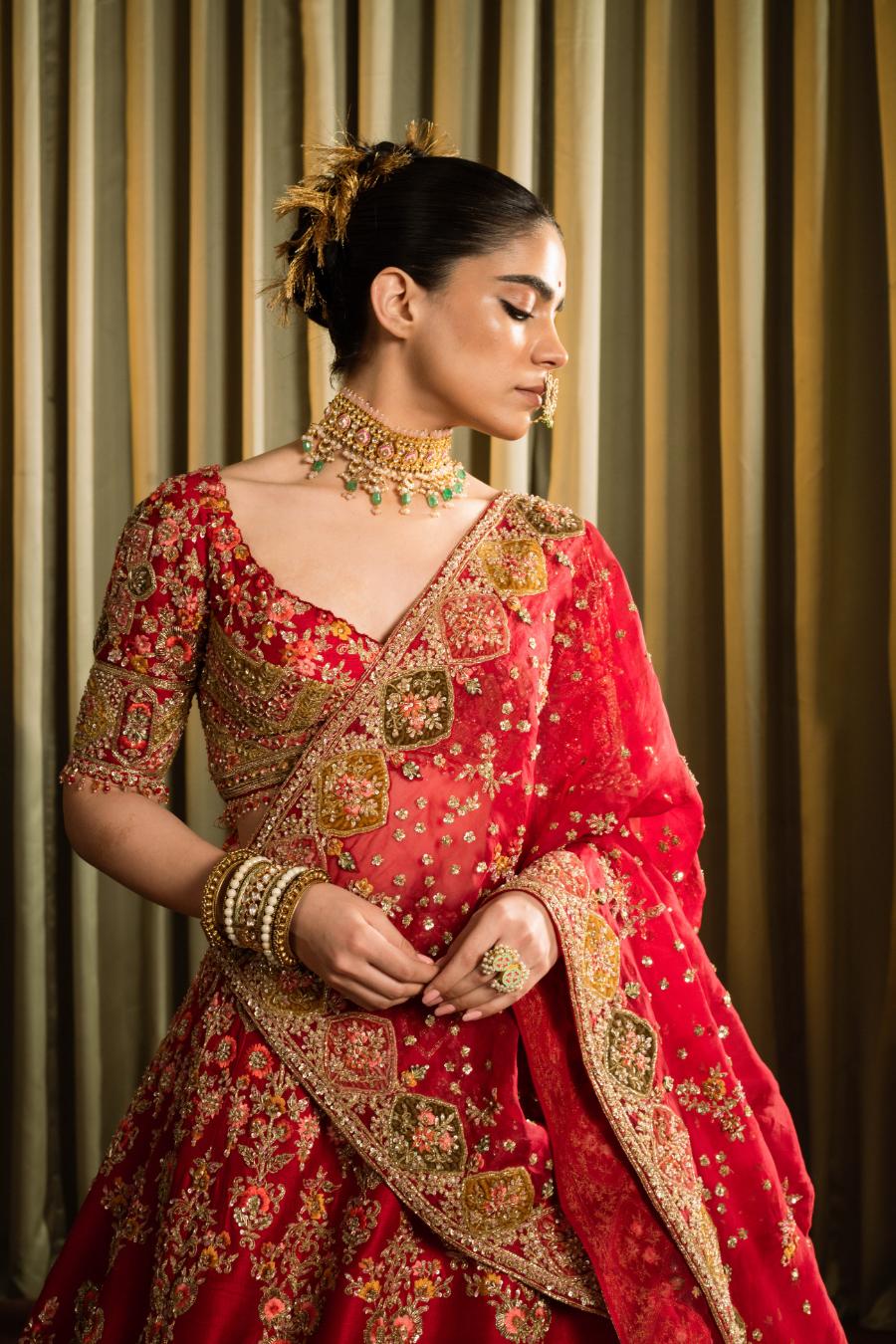 Red Raw Silk Dabka Work Lehenga Set