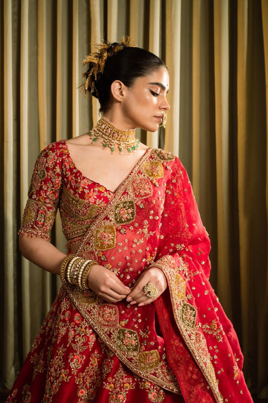 Red Raw Silk Dabka Work Lehenga Set