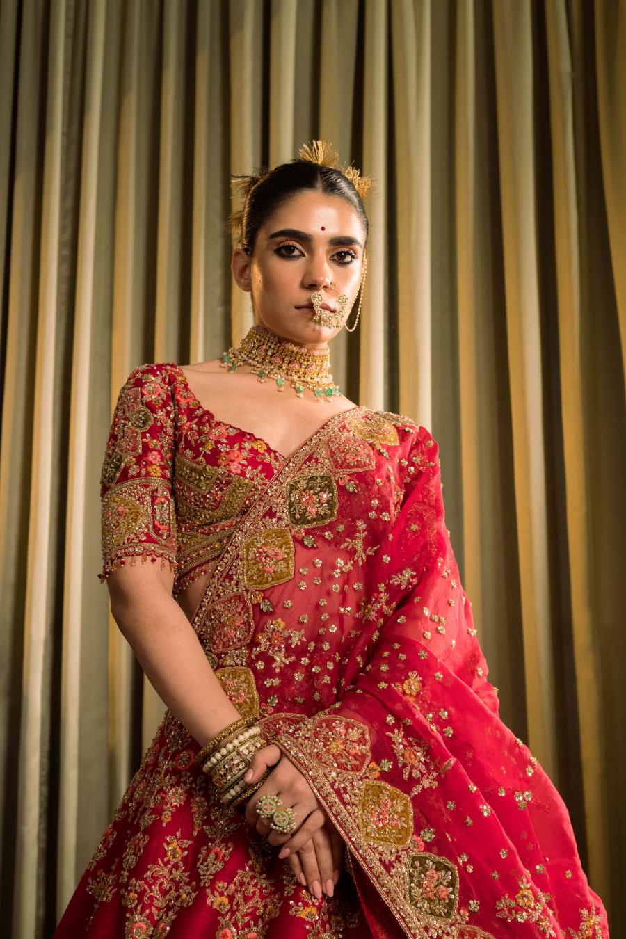 Red Raw Silk Dabka Work Lehenga Set