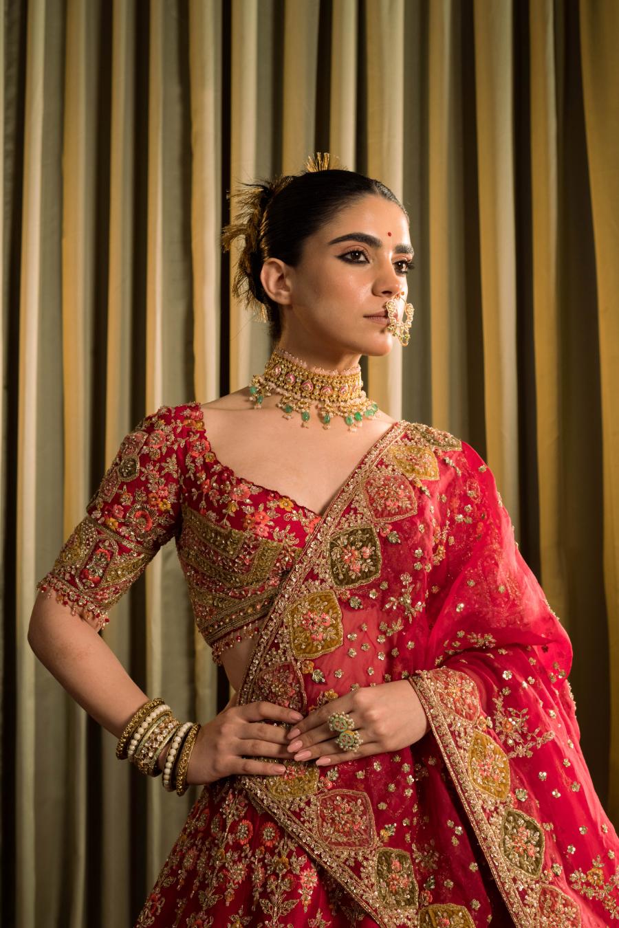 Red Raw Silk Dabka Work Lehenga Set