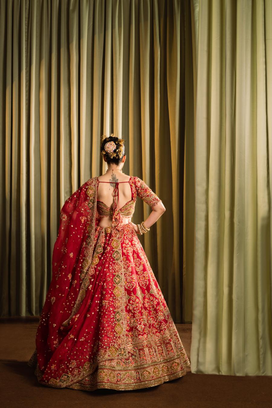 Red Raw Silk Dabka Work Lehenga Set