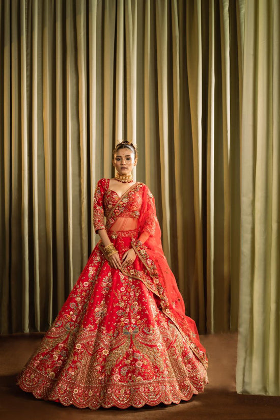 Red Raw Silk Cutdana Work Lehenga Set