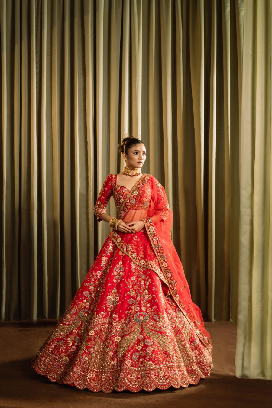 Red Raw Silk Cutdana Work Lehenga Set