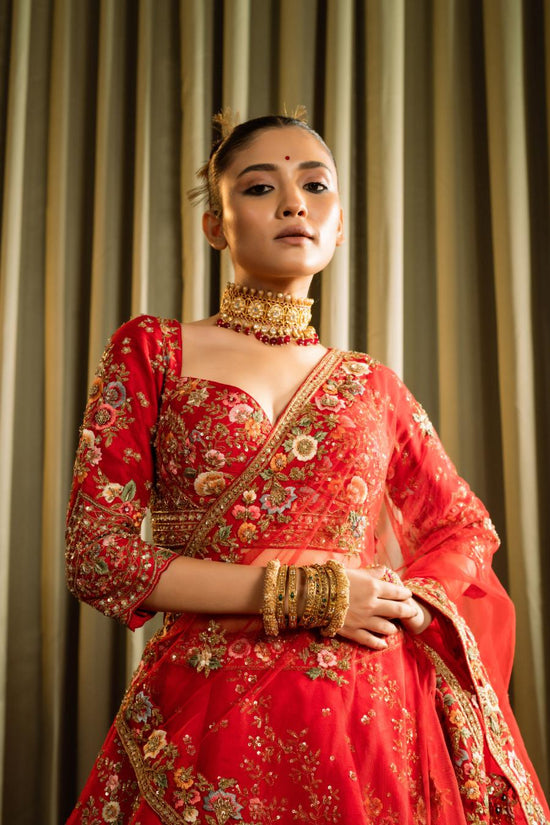 Red Raw Silk Cutdana Work Lehenga Set