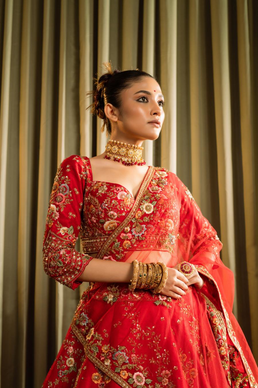 Red Raw Silk Cutdana Work Lehenga Set