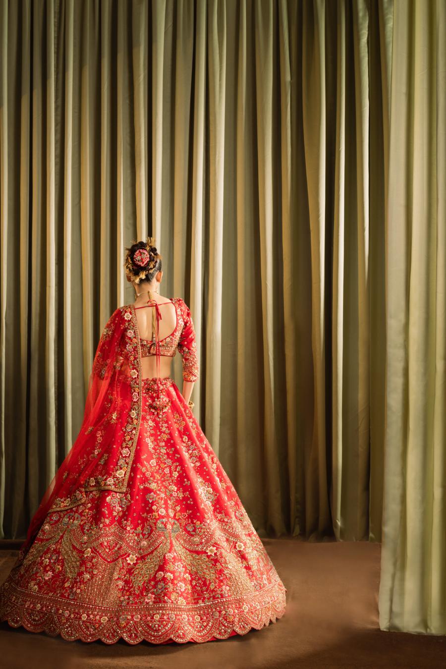 Red Raw Silk Cutdana Work Lehenga Set