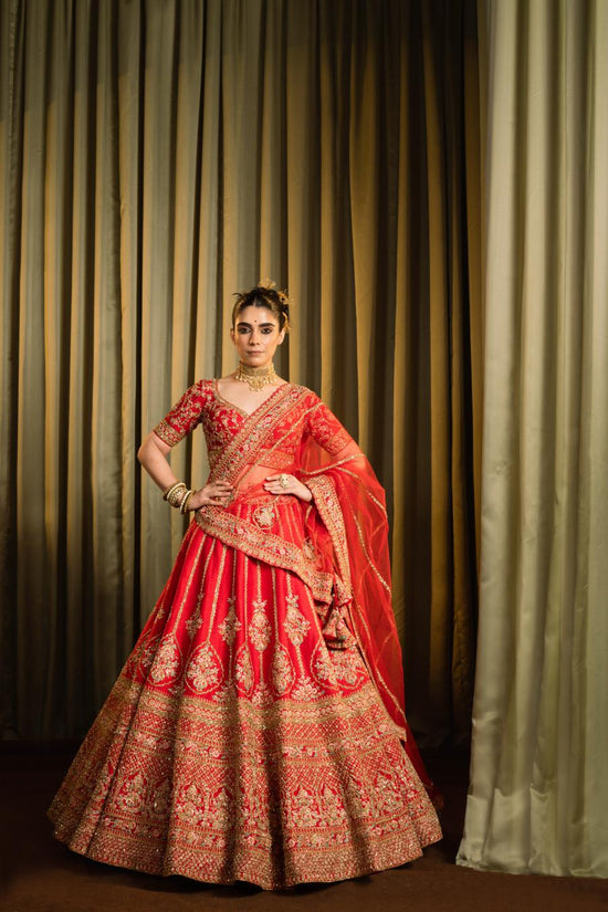Red Pure Raw Silk Embroidered Lehenga Set