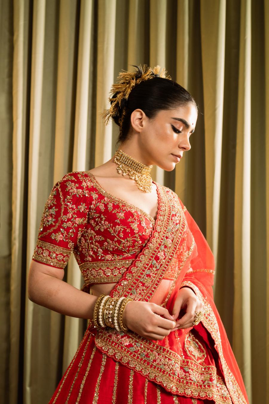 Red Pure Raw Silk Embroidered Lehenga Set