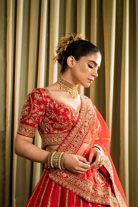 Red Pure Raw Silk Embroidered Lehenga Set