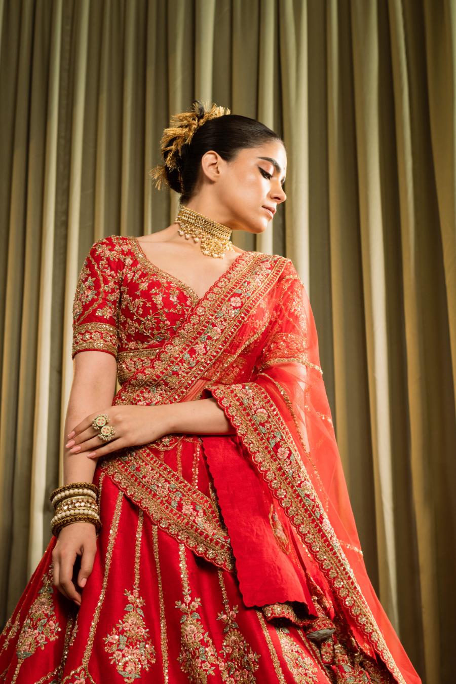 Red Pure Raw Silk Embroidered Lehenga Set