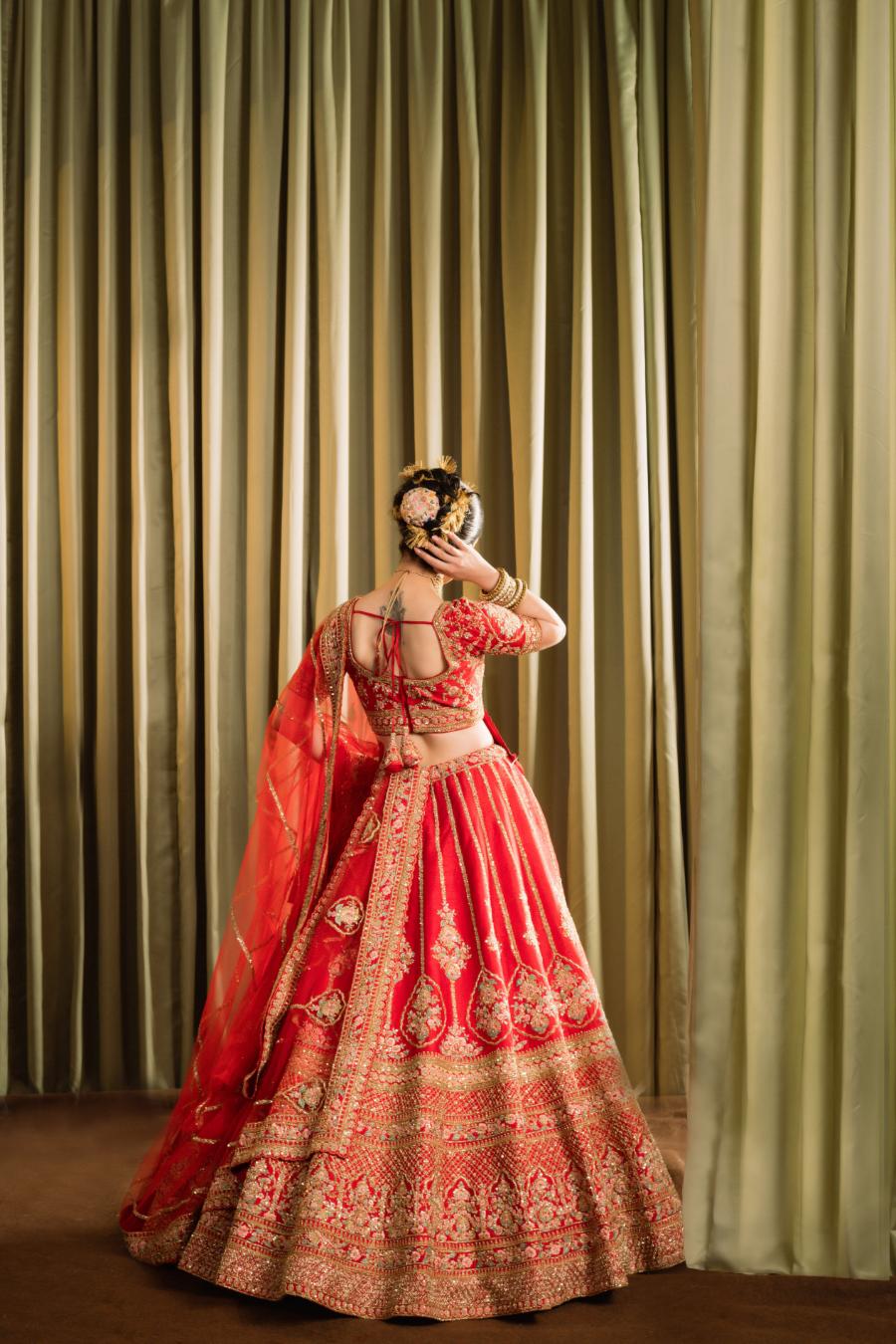 Red Pure Raw Silk Embroidered Lehenga Set