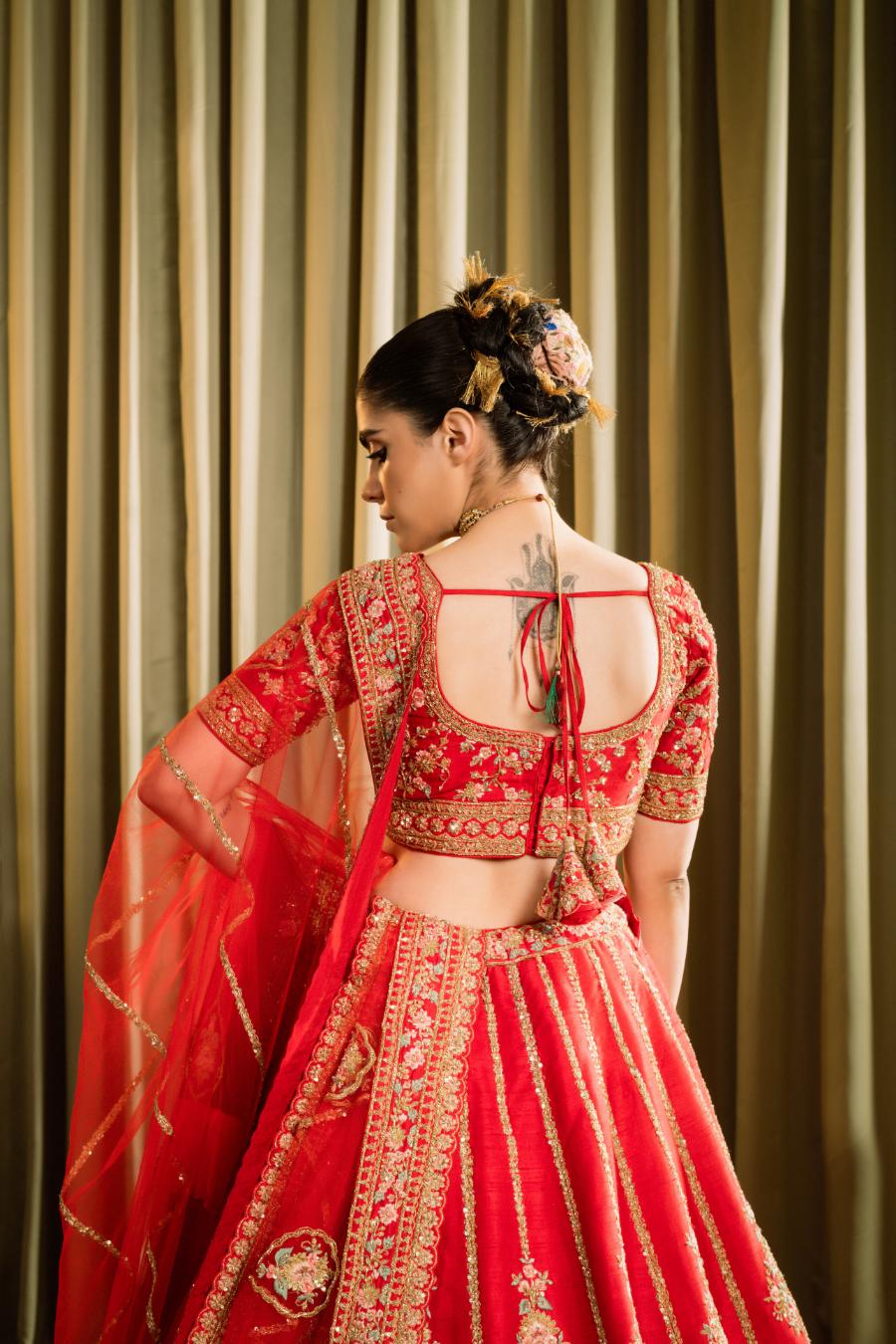 Red Pure Raw Silk Embroidered Lehenga Set