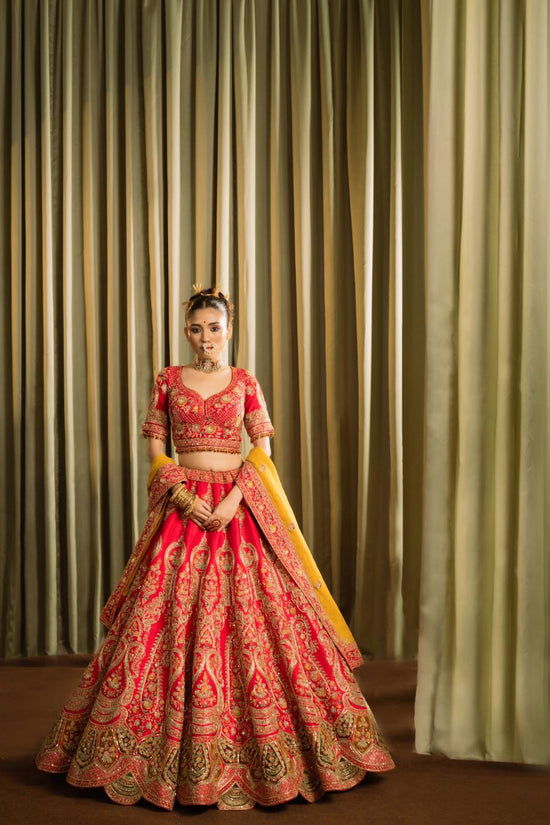 Red Pure Raw Silk Embroidered Lehenga Set