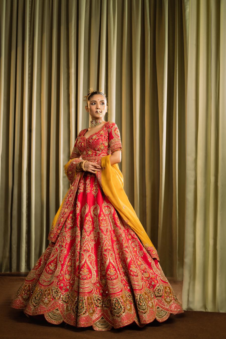 Red Pure Raw Silk Embroidered Lehenga Set