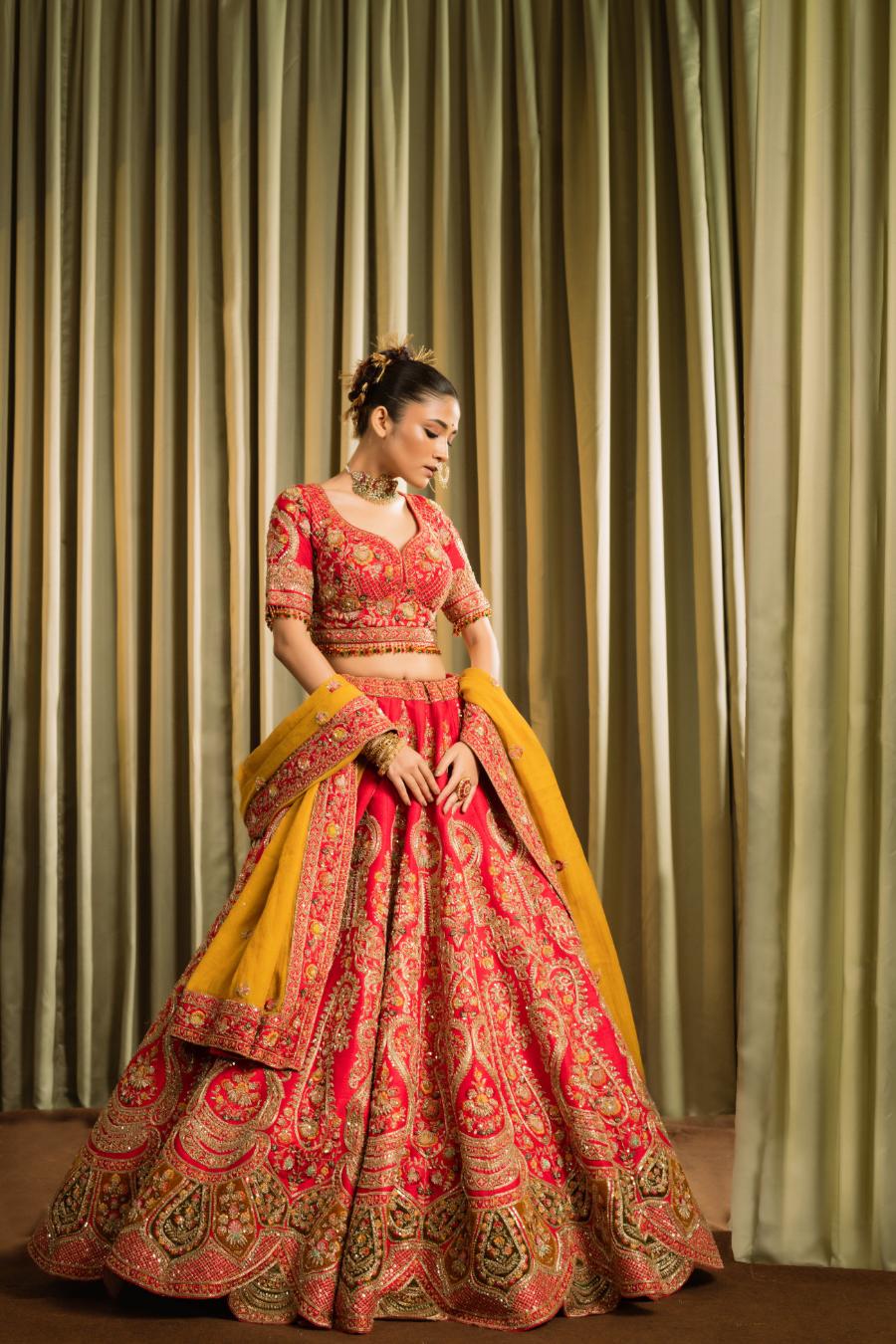 Red Pure Raw Silk Embroidered Lehenga Set