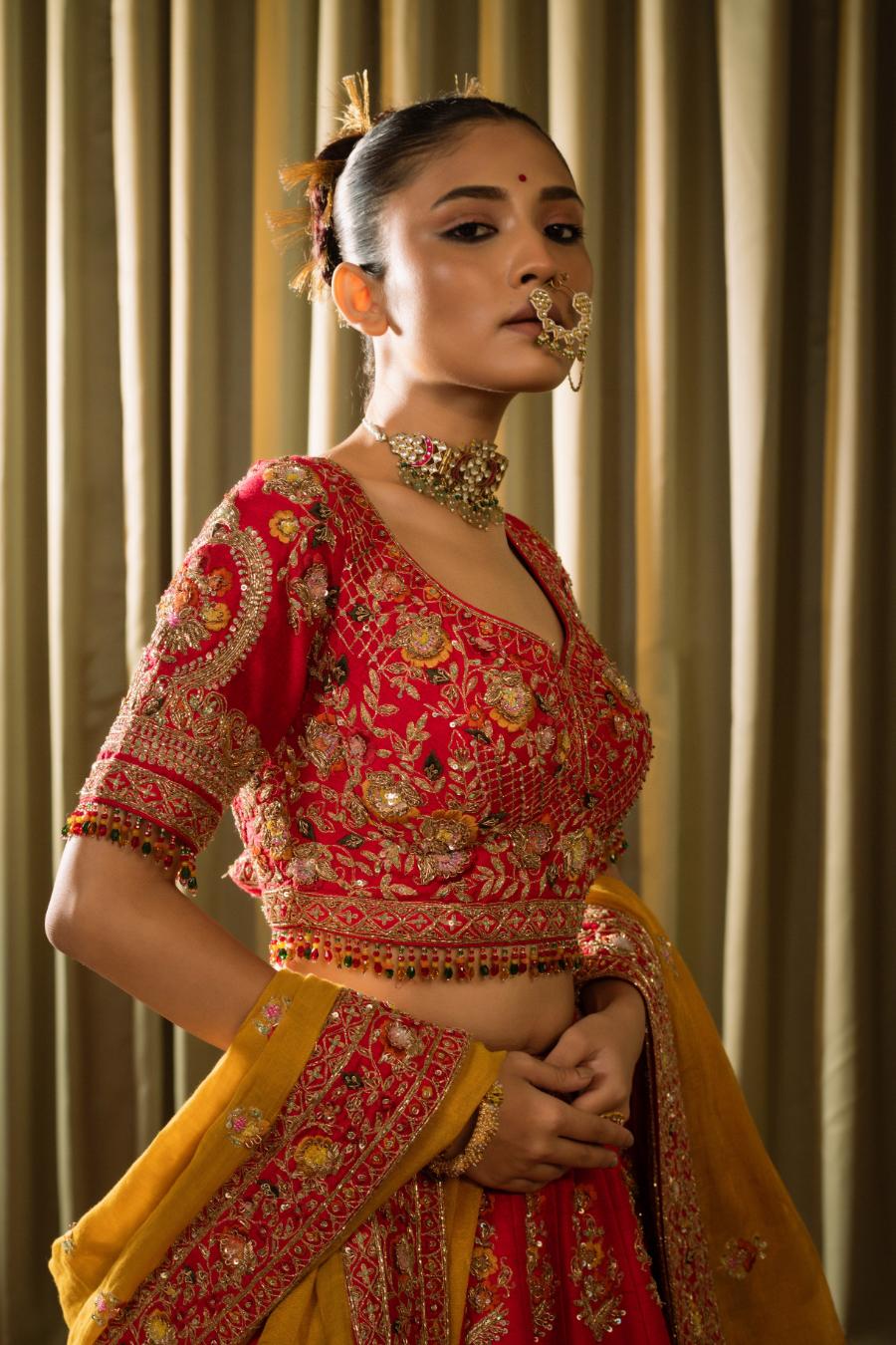 Red Pure Raw Silk Embroidered Lehenga Set