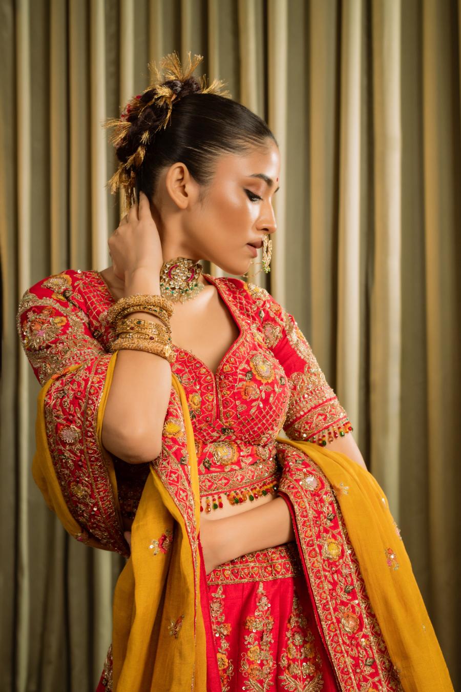 Red Pure Raw Silk Embroidered Lehenga Set