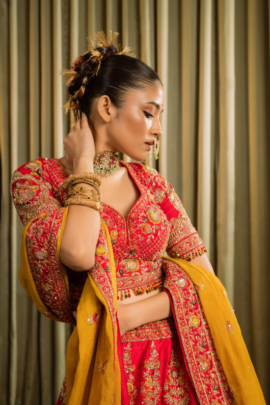Red Pure Raw Silk Embroidered Lehenga Set