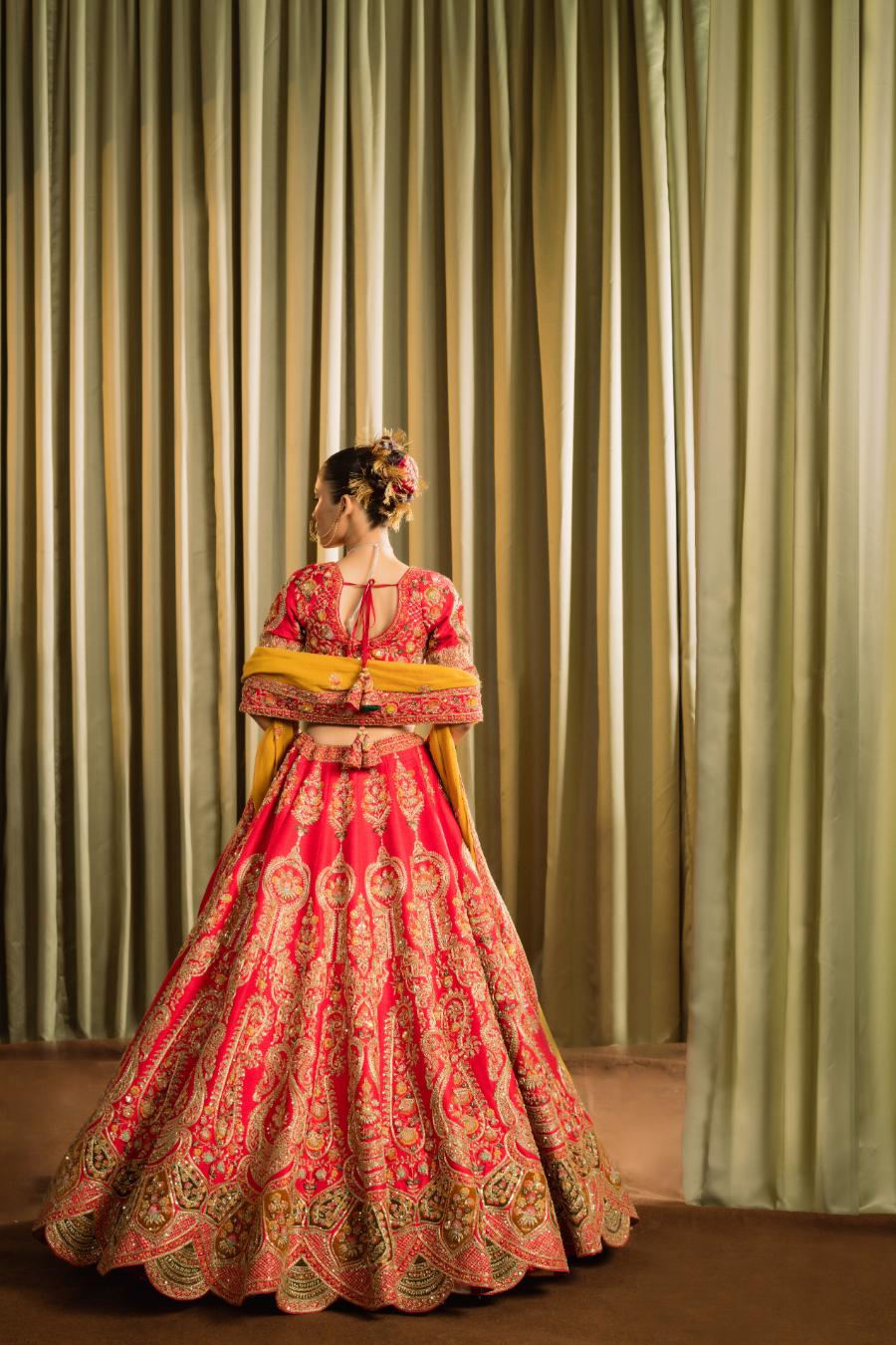 Red Pure Raw Silk Embroidered Lehenga Set