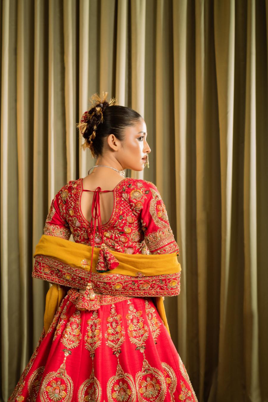 Red Pure Raw Silk Embroidered Lehenga Set
