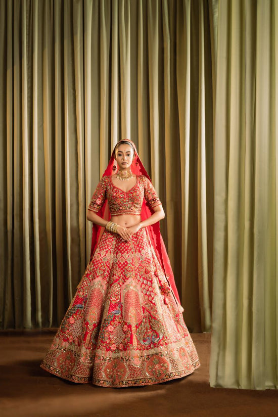 Red Raw Silk Thread Work Lehenga Set