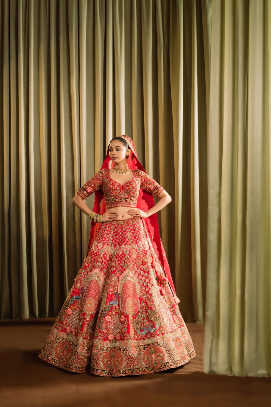 Red Raw Silk Thread Work Lehenga Set