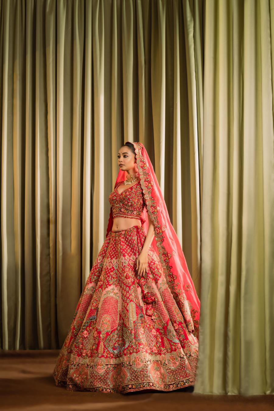 Red Raw Silk Thread Work Lehenga Set