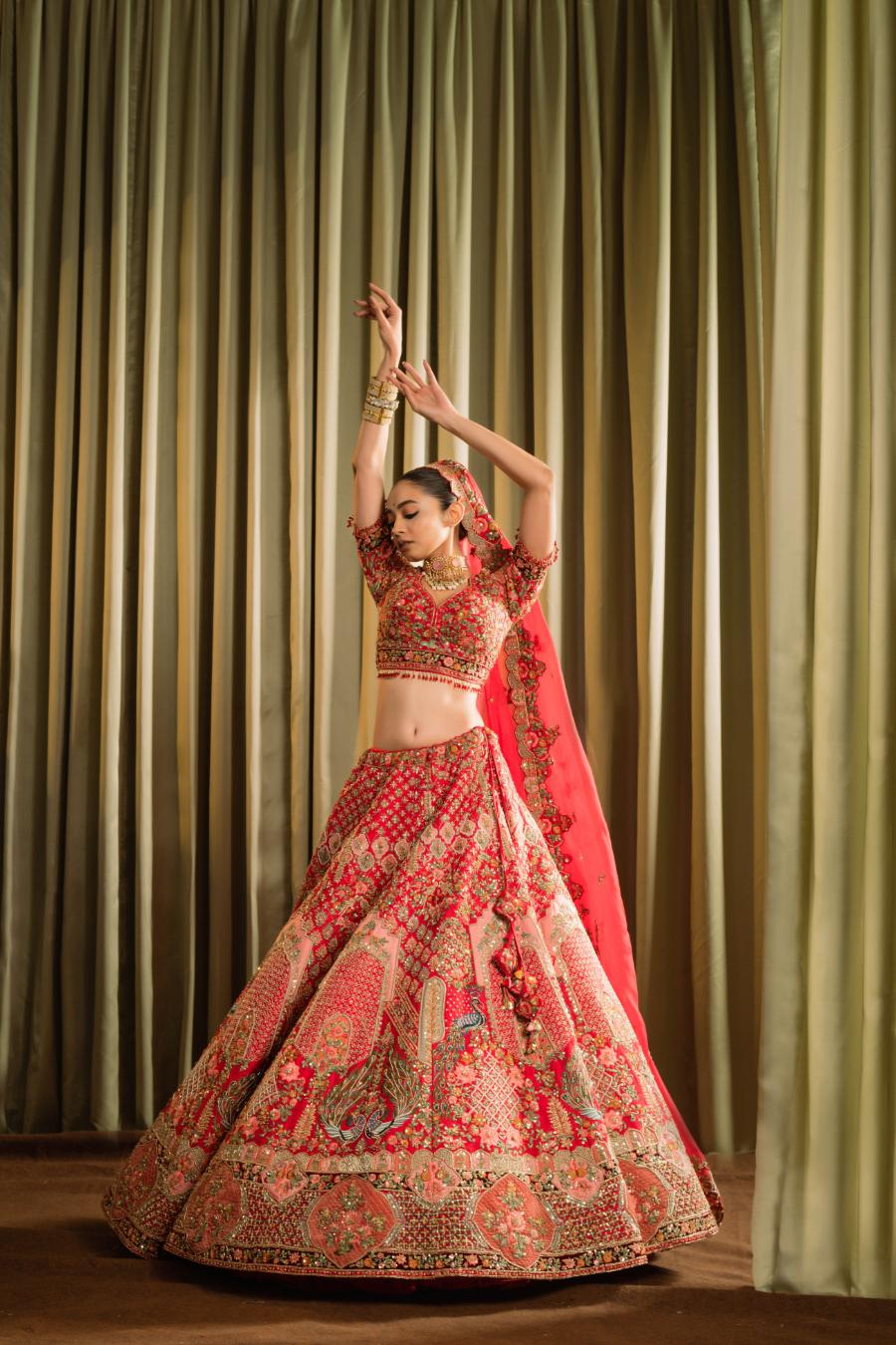 Red Raw Silk Thread Work Lehenga Set