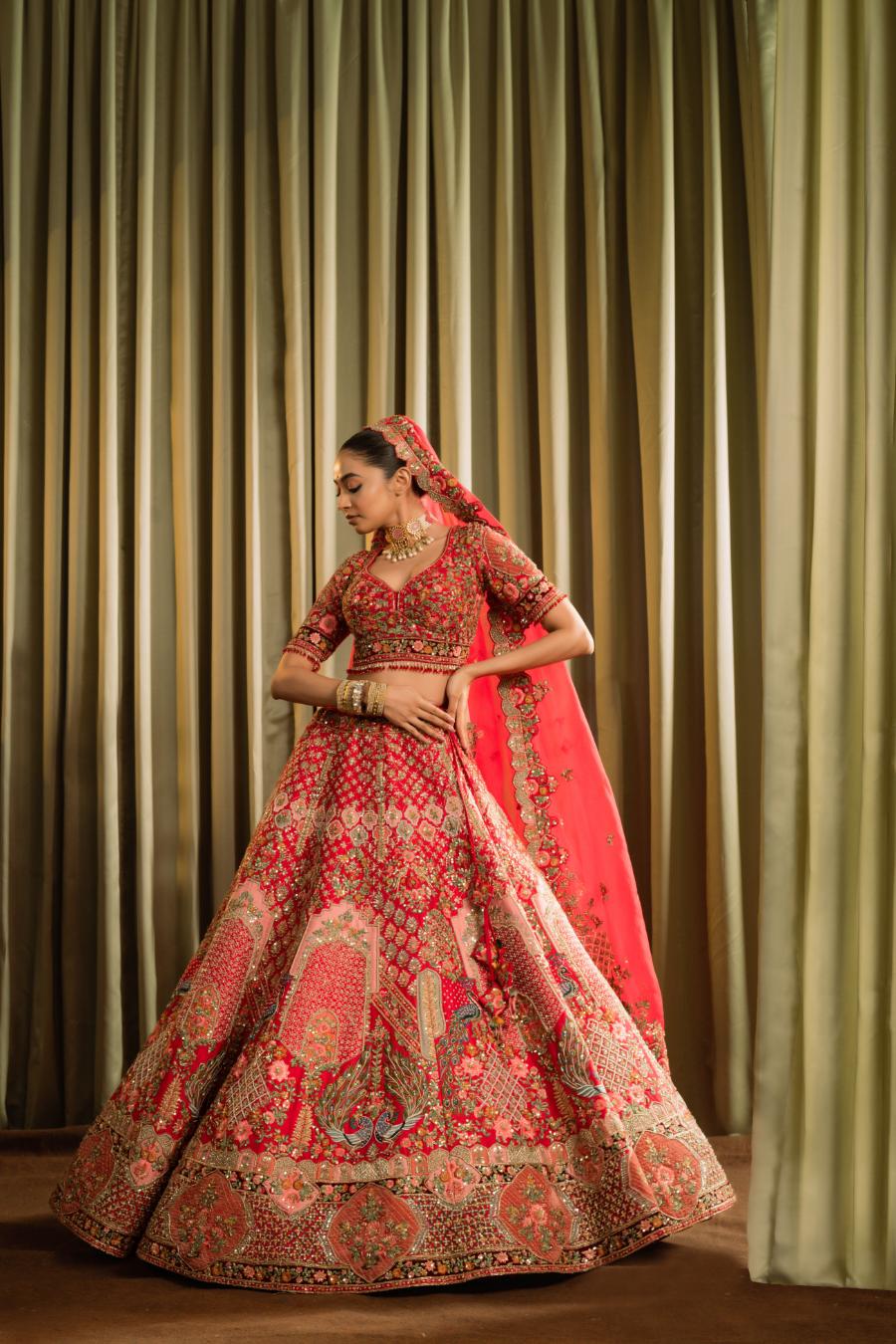 Red Raw Silk Thread Work Lehenga Set