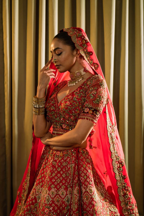 Red Raw Silk Thread Work Lehenga Set