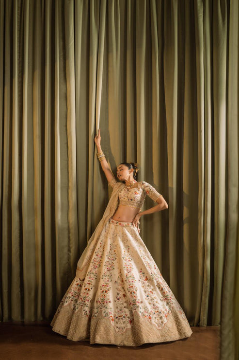 Ivory Raw Silk Resham Hand Work Lehenga Set