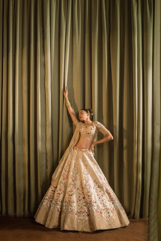Ivory Raw Silk Resham Hand Work Lehenga Set