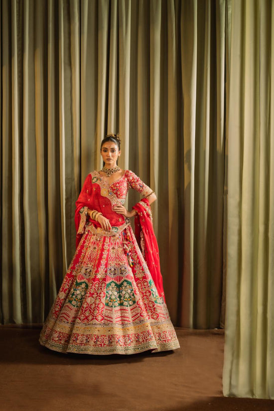 Red Raw Silk Aari Hand Work Lehenga Set