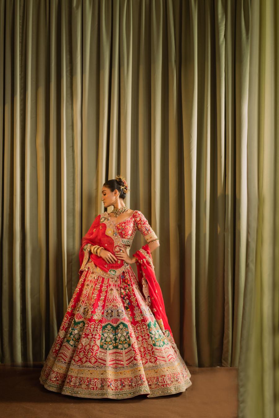 Red Raw Silk Aari Hand Work Lehenga Set