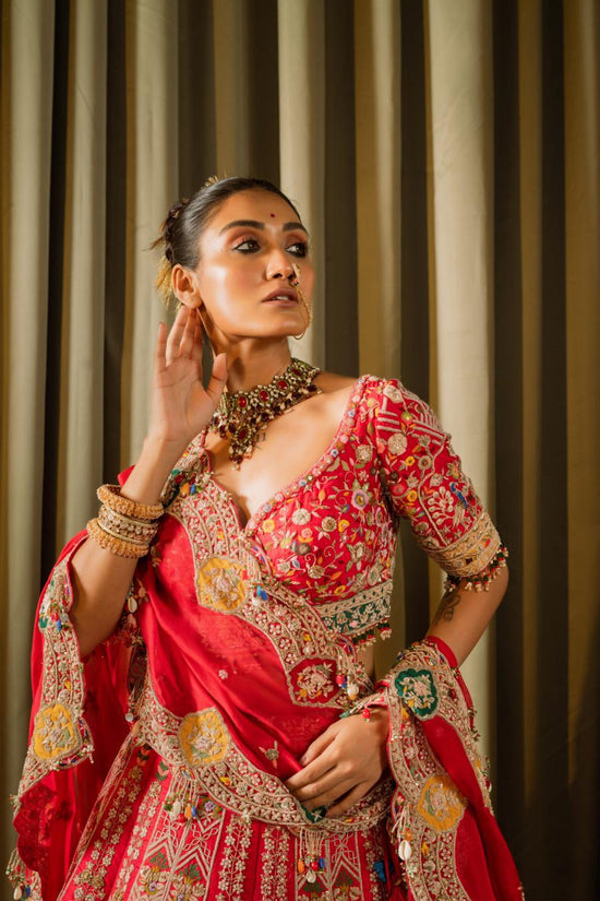Red Raw Silk Aari Hand Work Lehenga Set