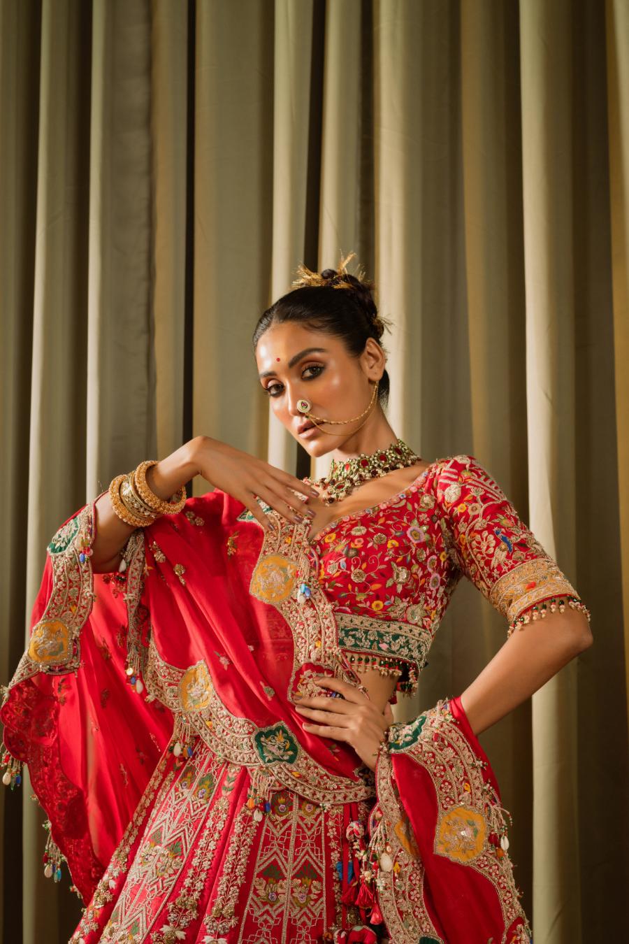 Red Raw Silk Aari Hand Work Lehenga Set