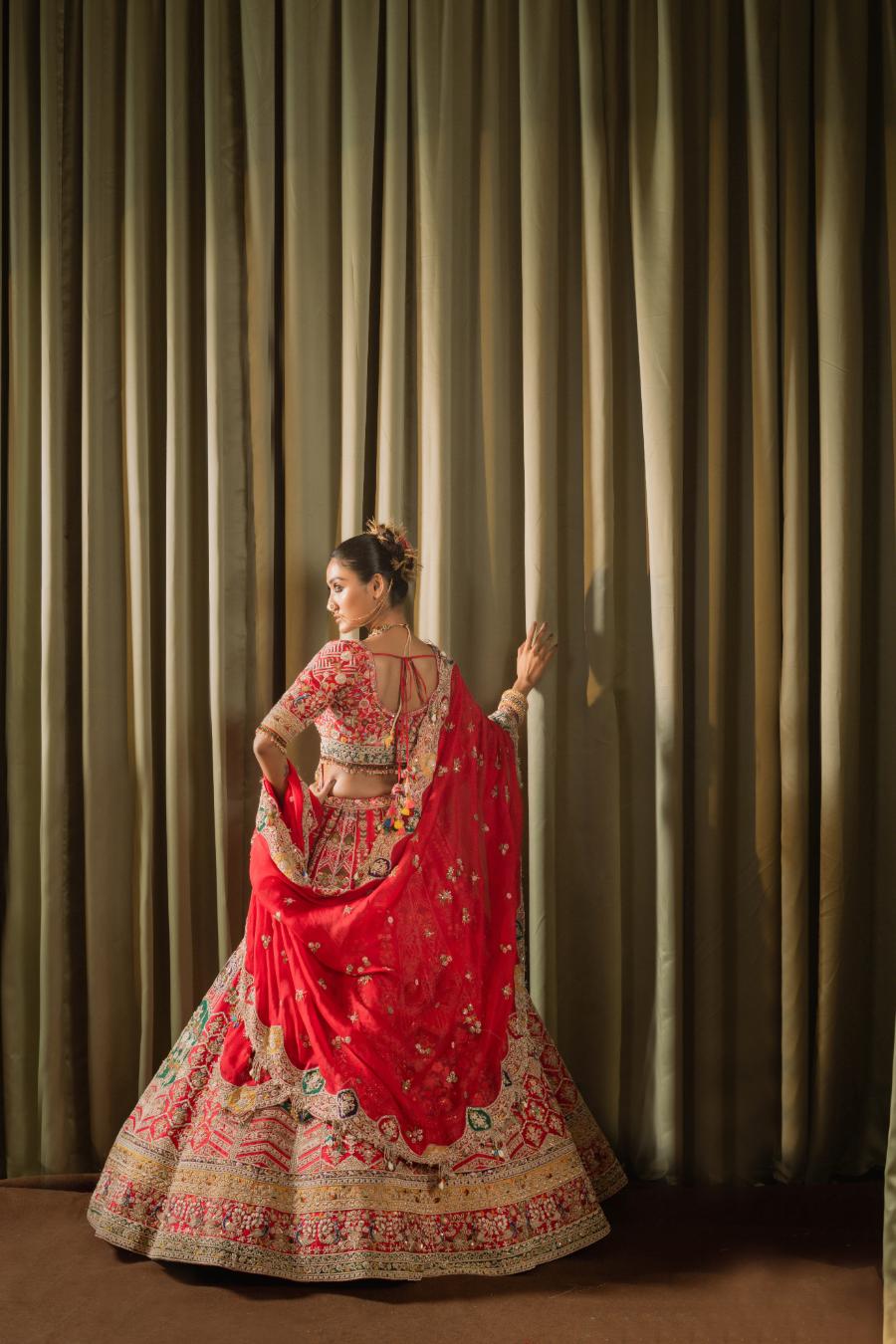 Red Raw Silk Aari Hand Work Lehenga Set